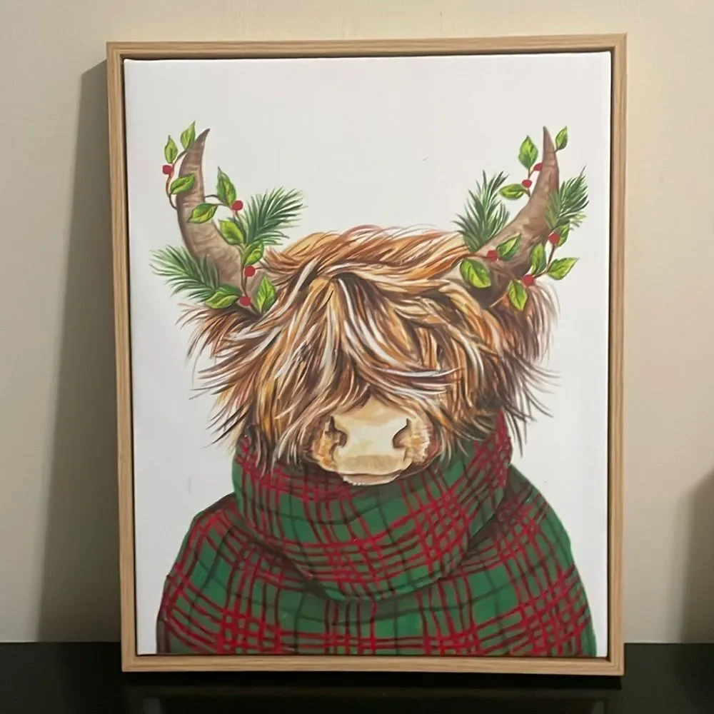 New Eccolo Christmas High land cow cattle canvas picture wooden frame wall art